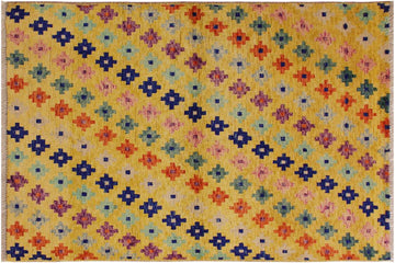 handmade Geometric Balouchi Gold Blue Hand Knotted RECTANGLE 100% WOOL area rug 4' x 5'